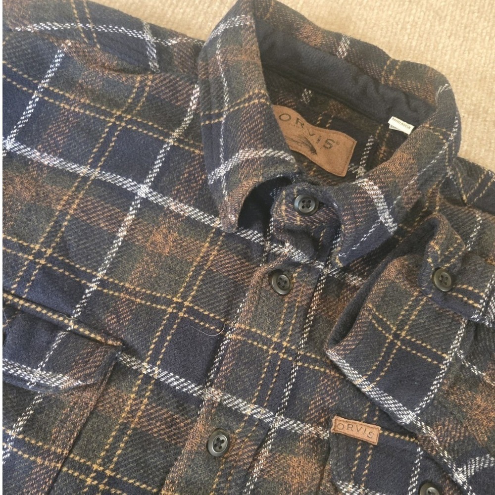 Orvis‎ Shirt Mens Large Brown Plaid Brushed Flannel Shirt Double Pocket Shacket